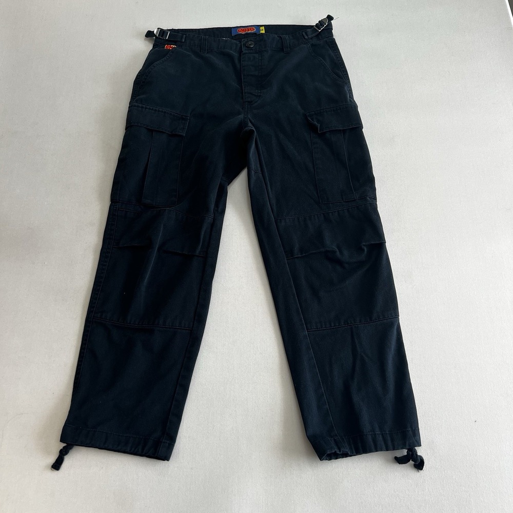 Empyre Mens Black Cargo Pants Straight Leg Adjustable Waist Drawstring Hem 28